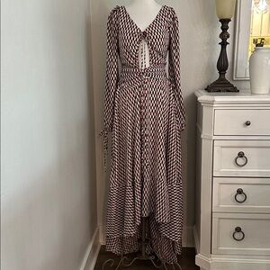 Mulla High Low Ruffle Cut Out Maxi‎ Dress Red Black Geometric Size Medium